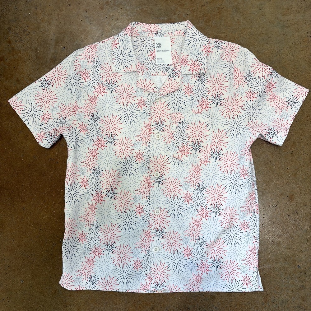 All in Motion White Patriotic Firework 4th July USA Button Up Shirt Small 6-7‎